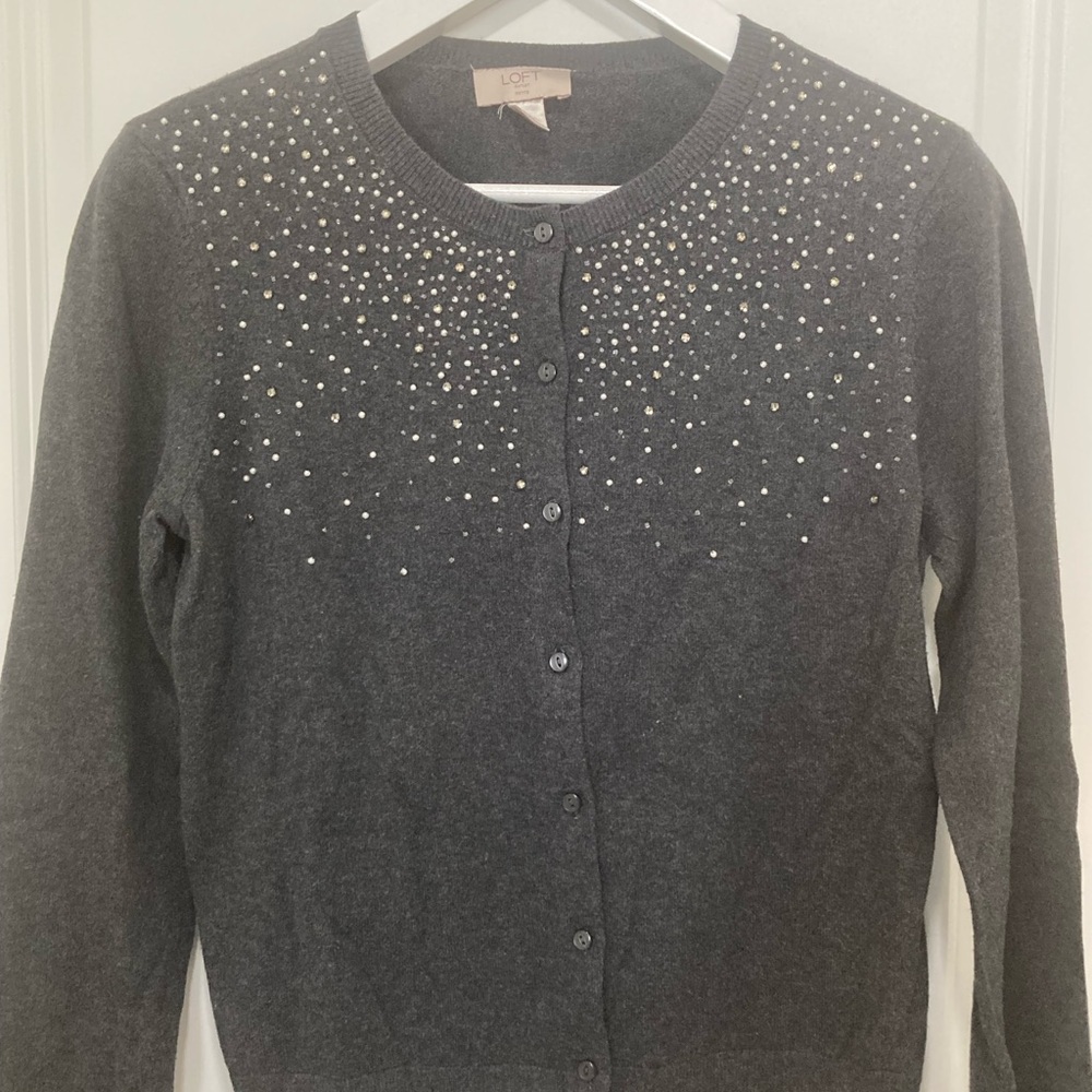 LOFT Dark Gray Cardigan with Embellished Accents